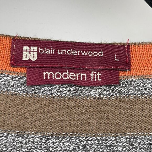 Blair Underwood Men’s Large Modern Fit Orange Brown Striped V-Neck Sweater - Picture 4 of 12